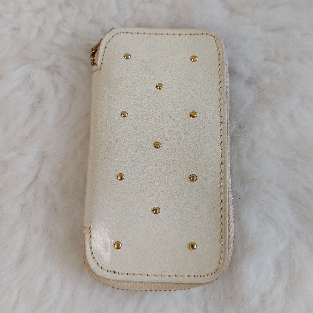 Vintage Princess Gardner White Leather Gold Studs Round Zip Key Holder
